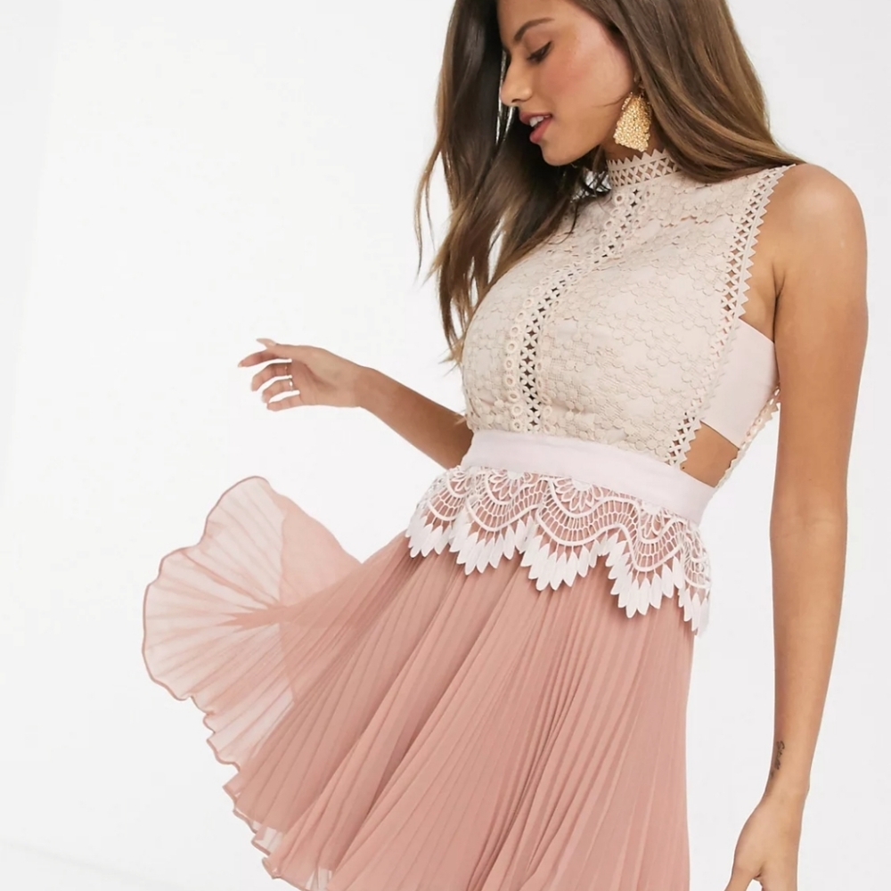 ASOS DESIGN contrast lace mini dress with peplum and pleated hem in pink